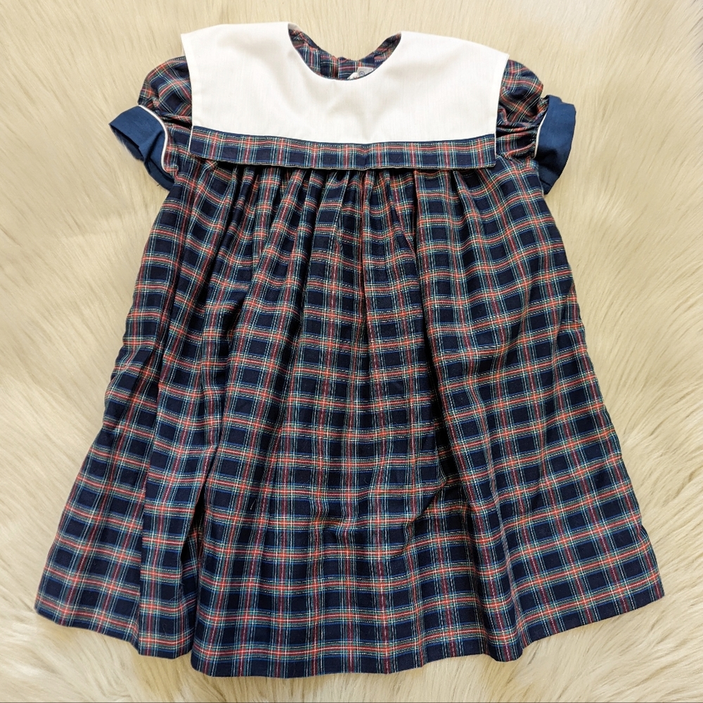 Vintage Ance K toddler blue plaid dress with oversized white collar. Size 3